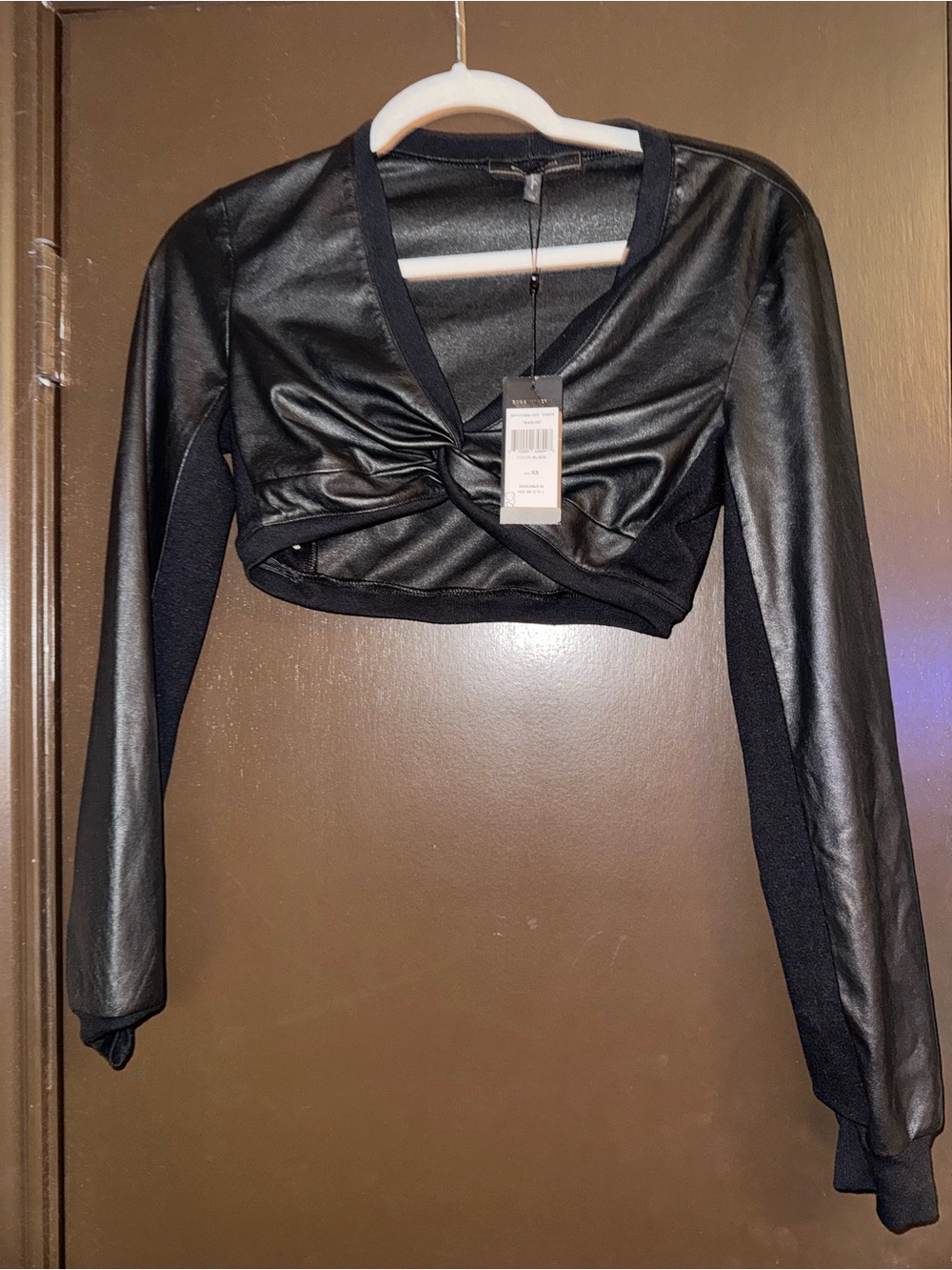 BCBGMaxAzria Black Faux Leather Twist-Front Crop Top